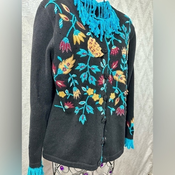 Vintage Berek beaded and embroidered floral button up cardigan size L - Picture 3 of 11